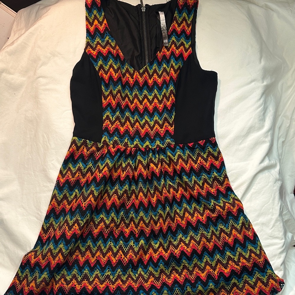 Kensie Unique Black Dress with Multicolor Crochet Chevron Panel